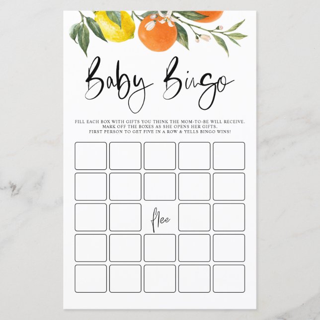Lámina Juego de bingo de Baby Shower para Naranjas botáni (Anverso)