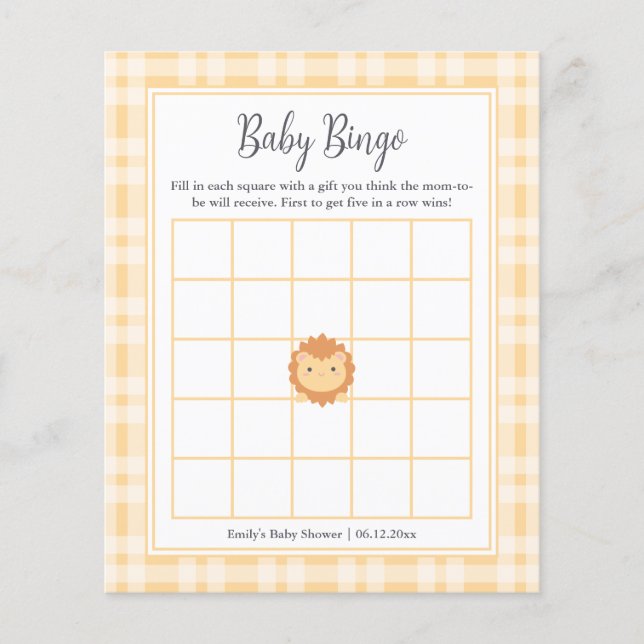 Lámina Juego de Bingo de Baby Shower Rey de la Jungla (Anverso)