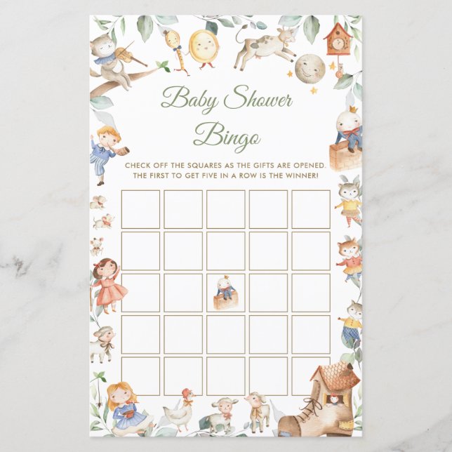 Lámina Juego de Bingo de Baby Shower Rhyme Greenery (Anverso)