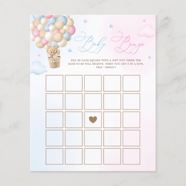 Lámina Juego de Bingo de Bebé de Teddy Bear Gender Revela (Anverso)