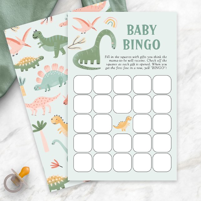 Lámina Juego de Bingo de Bebés Dinosaurios (Green Dinosaur Theme Baby Shower Bingo Game Card by Painted Paperie
)
