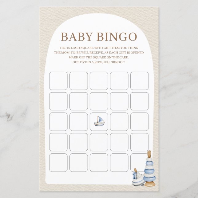 Lámina Juego De Bingo De Boho Azul Y Juguetes Baby Shower (Anverso)
