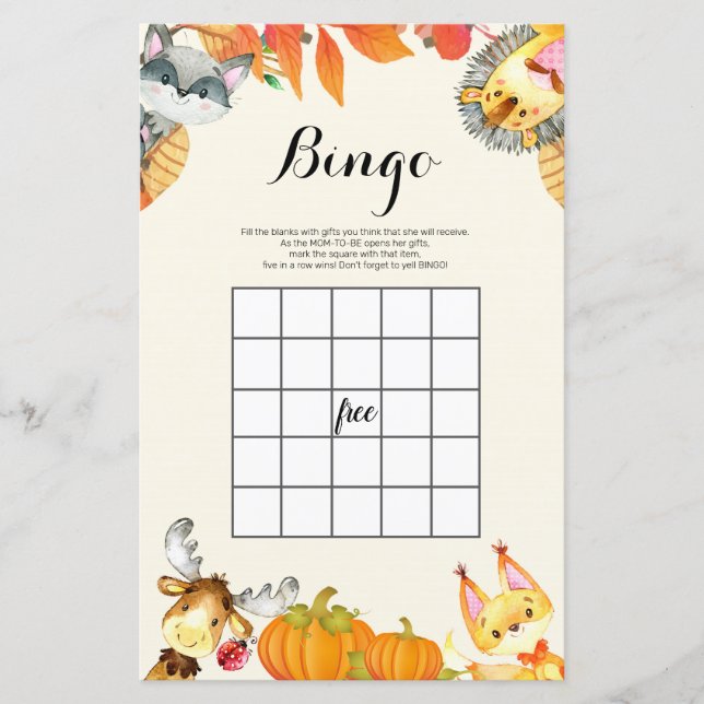 Lámina Juego de bingo de calabaza animal acuarela rústica (Anverso)