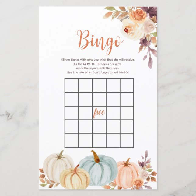 Lámina Juego de bingo de calabaza floral acuática rustica (Anverso)