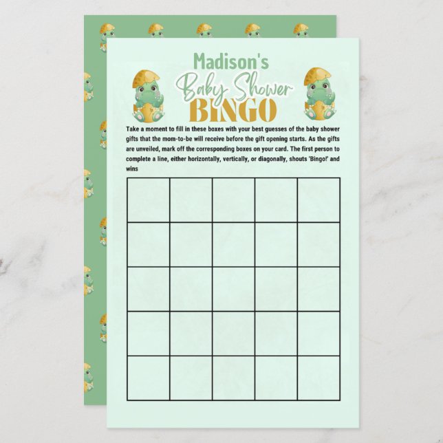 Lámina Juego de Bingo de Dinosaurios Personalizado para B (Anverso / Reverso)