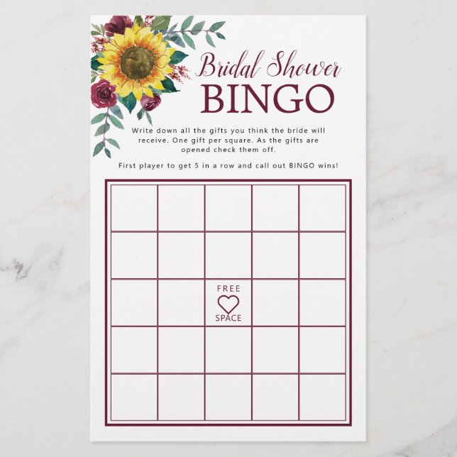 Lámina Juego de bingo de ducha de novia floral de girasol (Anverso)
