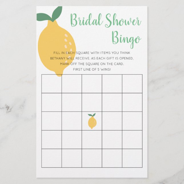 Lámina Juego de bingo de ducha de novia limón amarillo mo (Anverso)