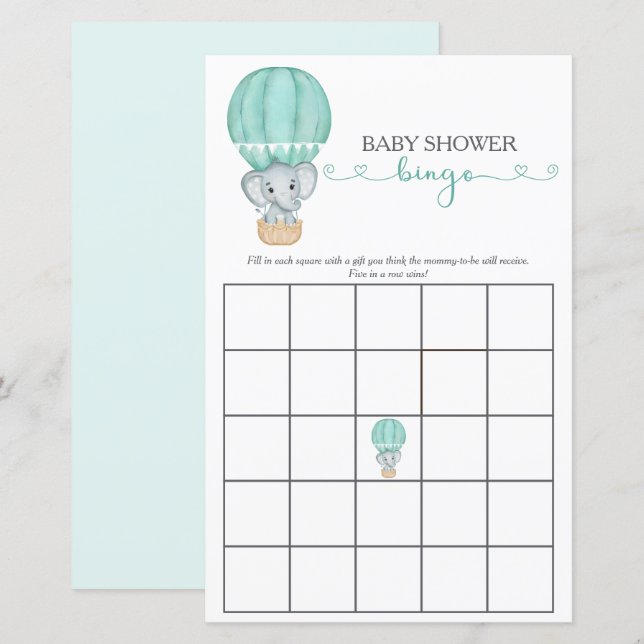 Lámina Juego de Bingo de Elefante Verde Baby Shower (Anverso / Reverso)