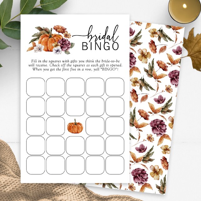 Lámina Juego de Bingo de Novias Caídas (Fall Bridal Bingo Game Fall In Love Bridal Shower Pumpkin Florals by Painted Paperie)