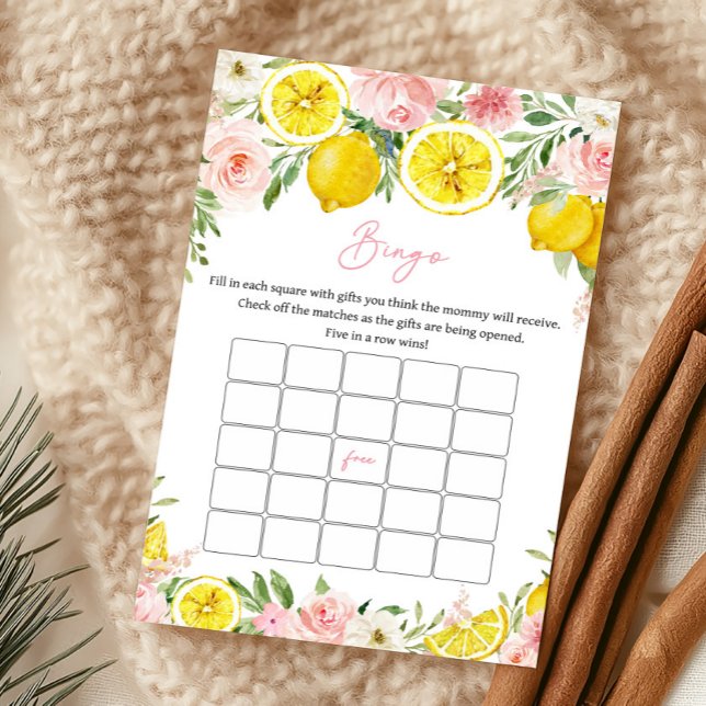 Lámina Juego de Bingo de Shower de Bebé con Flores Rosada (Summer Lemon Citrus Baby Shower Bingo Game)