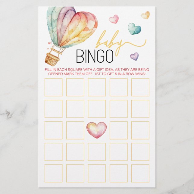 Lámina Juego de bingo de Watercolor Hearts Baby Shower (Anverso)