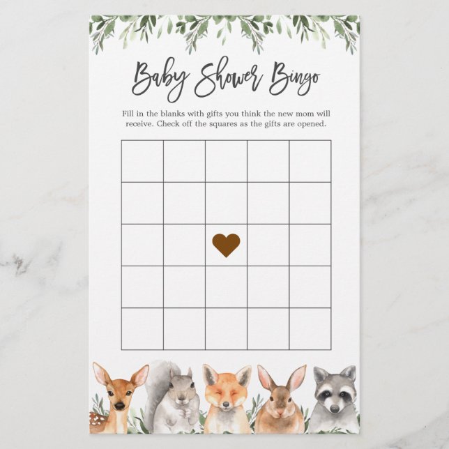 Lámina Juego de bingo de Woodland Animals Baby Shower (Anverso)