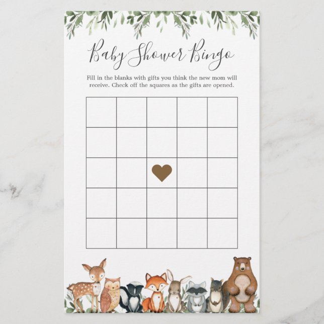 Lámina Juego de bingo de Woodland Animals Baby Shower (Anverso)