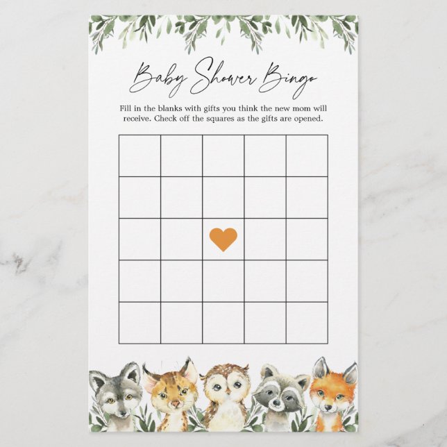 Lámina Juego de bingo de Woodland Animals Baby Shower (Anverso)