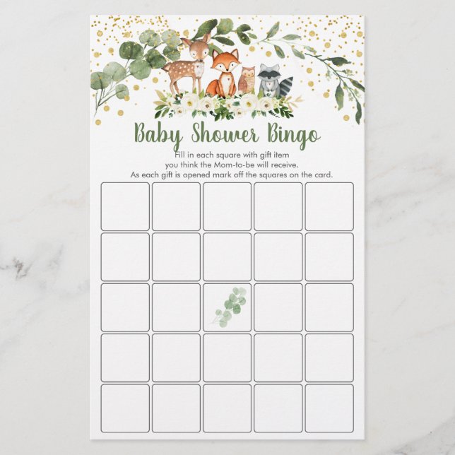 Lámina Juego de bingo de Woodland Greenery Baby Shower (Anverso)