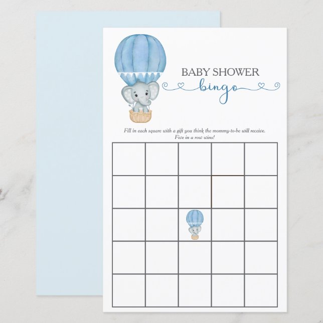 Lámina Juego de bingo Elephant Baby Boy Shower (Anverso / Reverso)