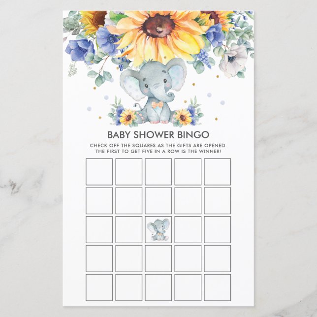 Lámina Juego de bingo Elephant Sunflower Blue Baby Shower (Anverso)
