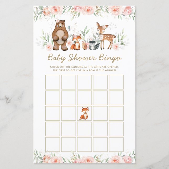 Lámina Juego de bingo Floral Baby Shower Animals Woodland (Anverso)