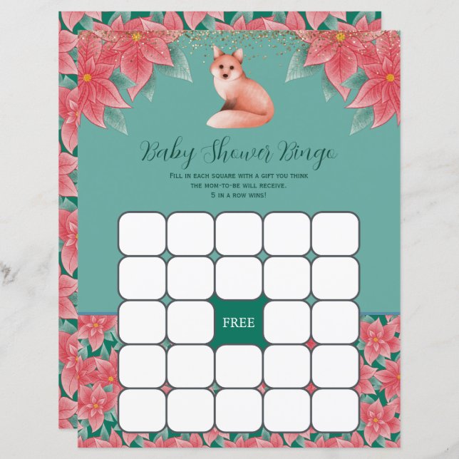 Lámina Juego de bingo Floral Fox Baby Shower para navidad (Anverso / Reverso)