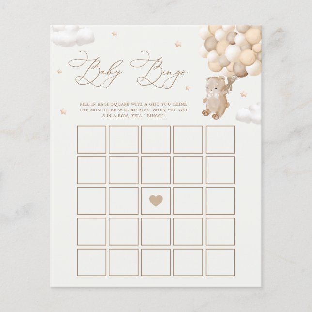 Lámina Juego de Bingo Neutral Baby Shower para Osos de Te (Anverso)