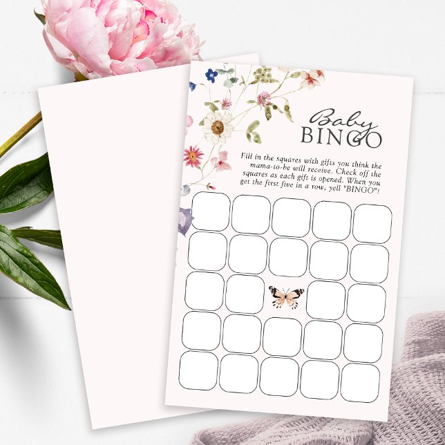 Lámina Juego de Bingo para Baby Shower (Pink Wildflower Tea Party Baby Shower Bingo Game Card Butterfly by Painted Paperie
)