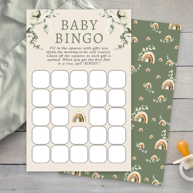 Lámina Juego de Bingo para Baby Shower Boho (Boho Sage Green Eucalyptus Rainbow Baby Shower Bingo Game by Painted Paperie
)