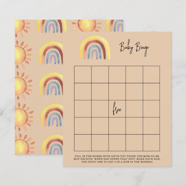 Lámina Juego de bingo para baby shower Boho Arcoíris (Anverso / Reverso)