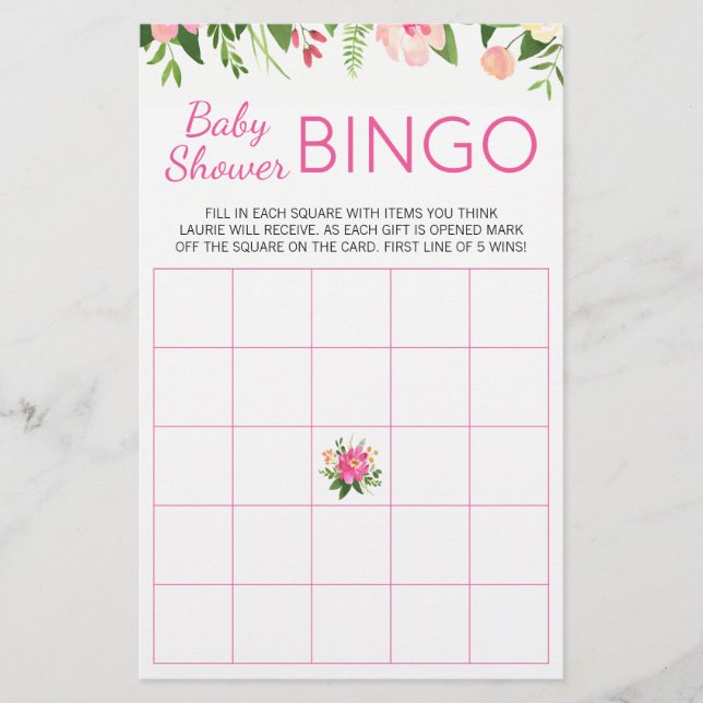 Lámina Juego de bingo para baby shower con flores rosadas (Anverso)