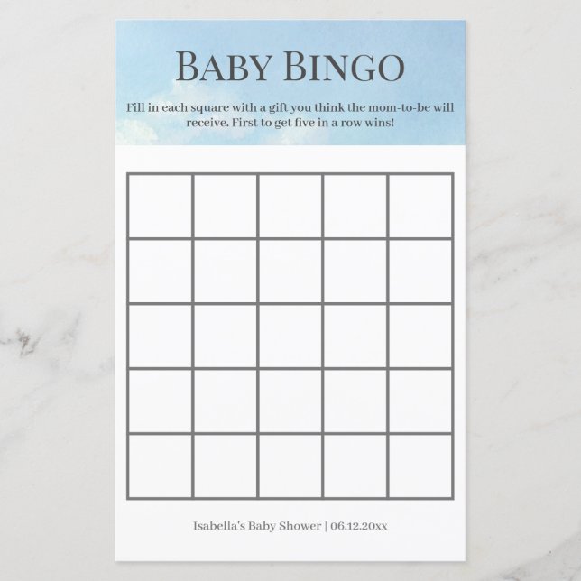 Lámina Juego de Bingo para Baby Shower de Cielo y Nubes H (Anverso)