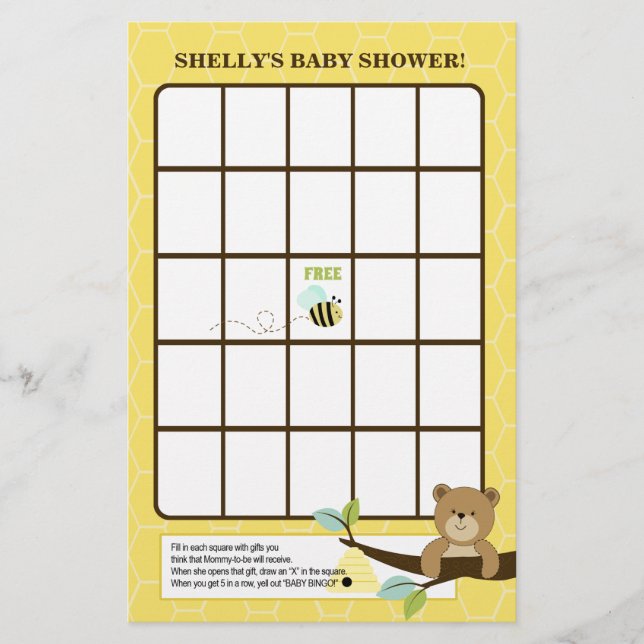 Lámina Juego de Bingo para Baby Shower de Osito y Abeja (Anverso)
