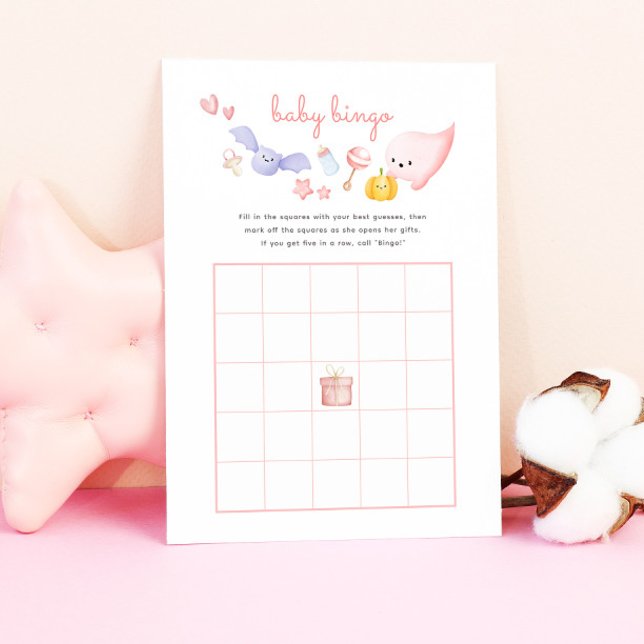 Lámina Juego de Bingo para Baby Shower del Fantasma Rosa  (pink baby shower bingo game with cute ghost and halloween illustrations)