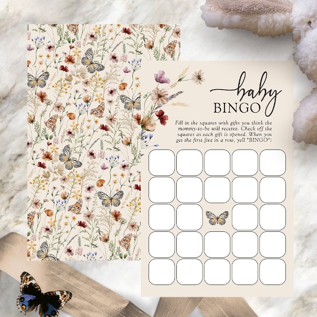 Lámina Juego de Bingo para Bebé (Boho Wildflower Baby Bingo Game Card with Butterfly by Painted Paperie
)