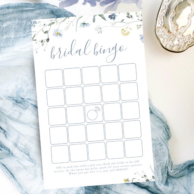 Lámina Juego de bingo para despedida de soltera boho con  (Blue Wildflower Boho bridal shower bingo game)