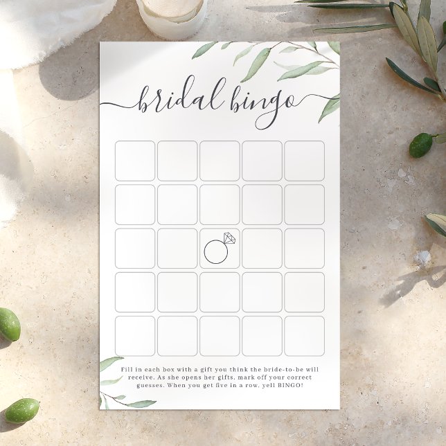 Lámina Juego de bingo para despedida de soltera con veget (Minimal greenery bridal shower bingo game)