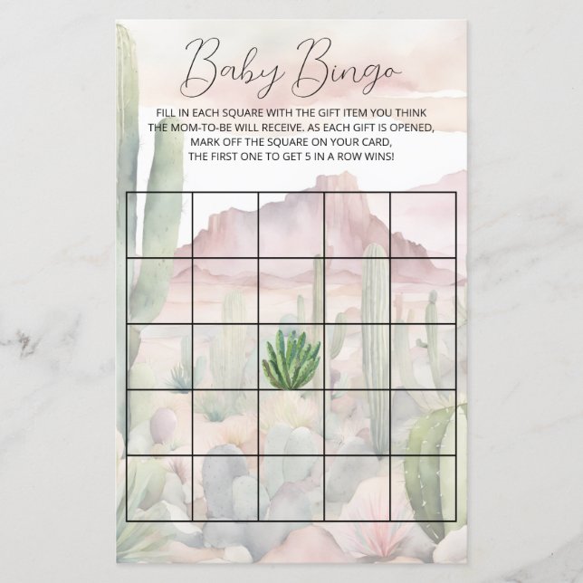 Lámina Juego de bingo para el Desierto Pastel Boho Cactus (Anverso)