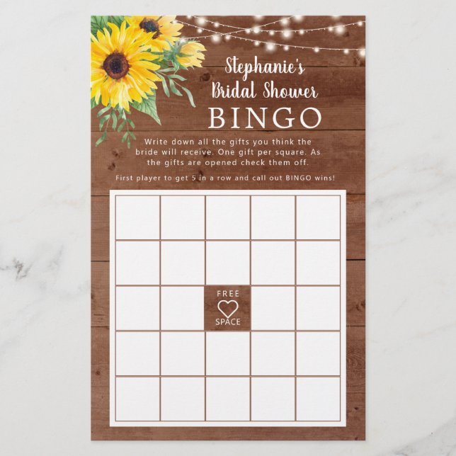 Lámina Juego de Bingo Rústico de Flor de Sol (Anverso)
