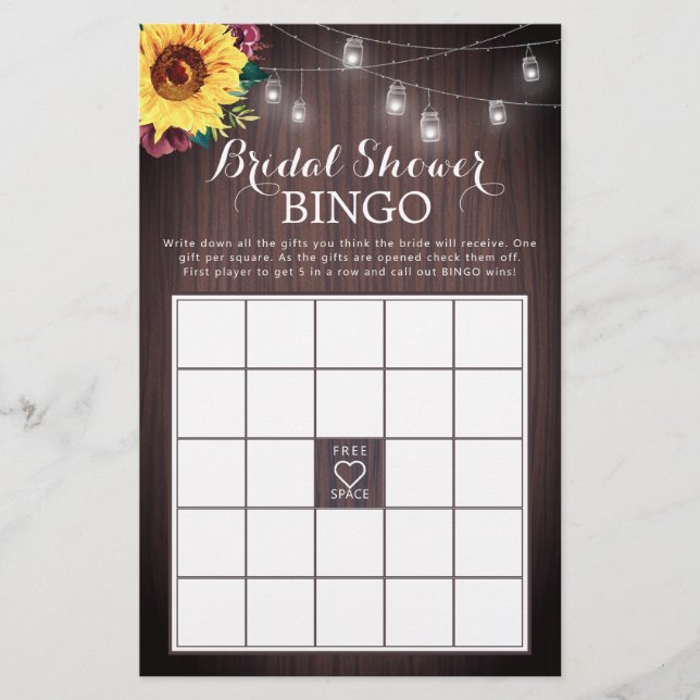 Lámina Juego de bingo Sunflower Burgundy Wood Bridal Show (Anverso)