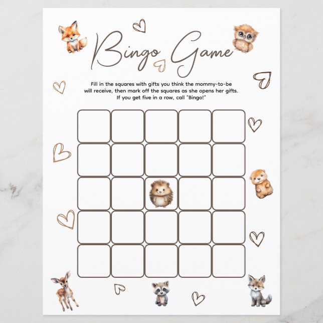 Lámina Juego de Bingo Temático para Animales de Woodland (Anverso)