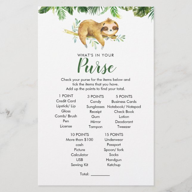 Lámina Juego de bolso de Baby Shower Tropical Boy Sloth (Anverso)