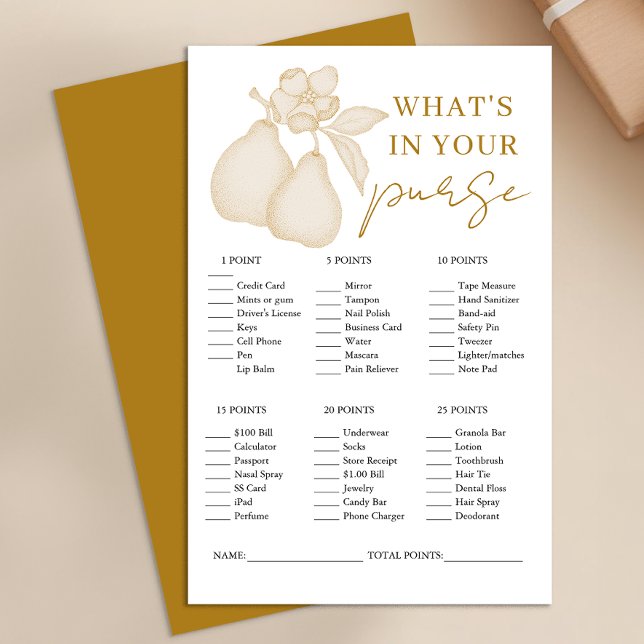 Lámina Juego de bolso de ducha de novia Gold Perfect Pear (What's in your purse - Bridal shower game)