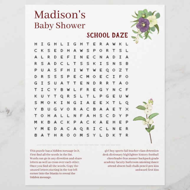 Lámina Juego de búsqueda de Baby Shower Word 🍼 divertido (Reverso)