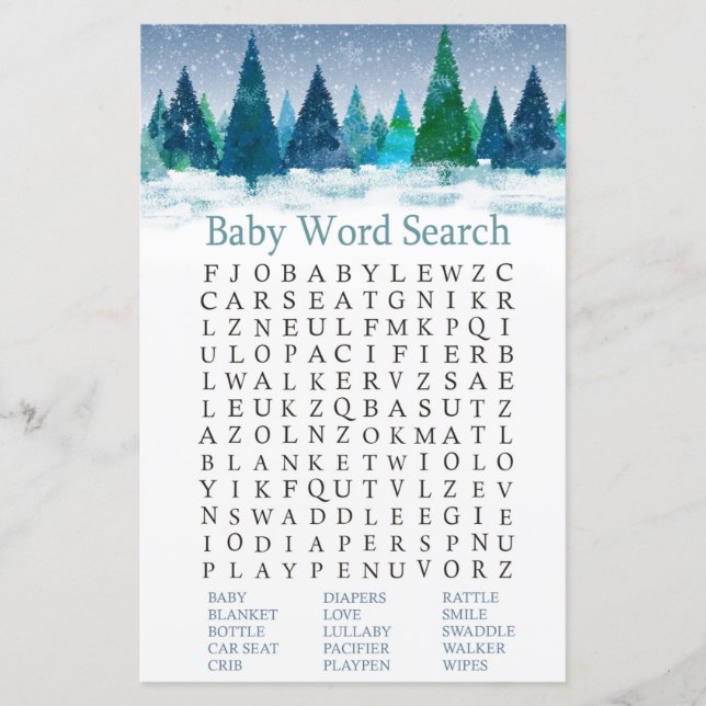 Lámina juego de búsqueda de Baby Shower Word para el bosq (Anverso)