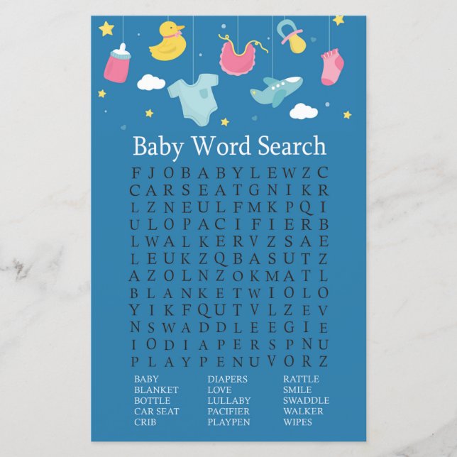 Lámina Juego de búsqueda de Baby Shower Word para juguete (Anverso)