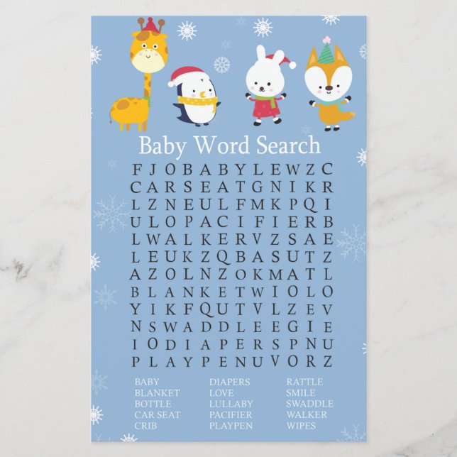 Lámina Juego de búsqueda de Baby Shower Word para los ani (Anverso)