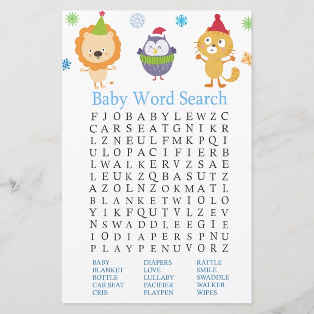 Lámina Juego de búsqueda de Baby Shower Word para los ani (Anverso)