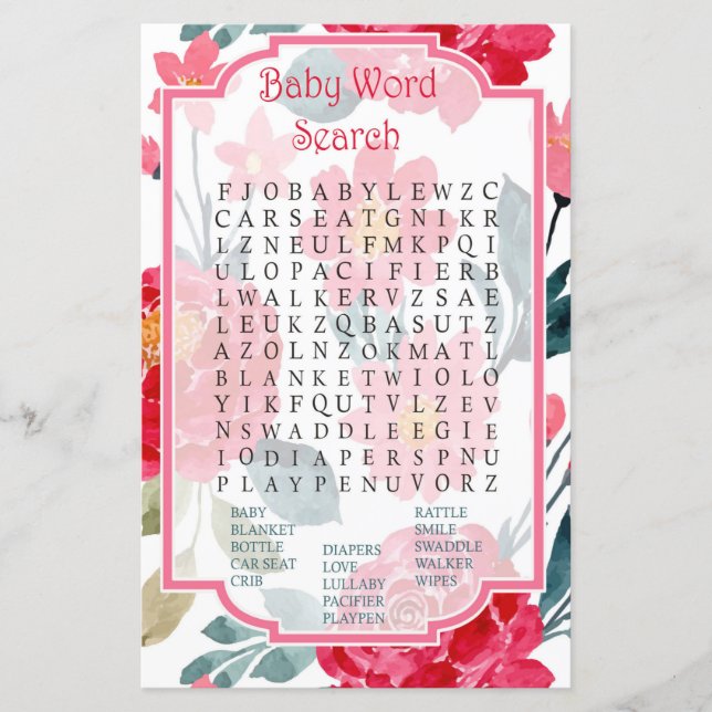 Lámina Juego de búsqueda de Baby Shower Word rosa de colo (Anverso)