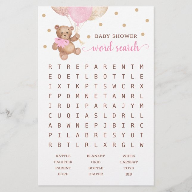 Lámina Juego de búsqueda de Baby Shower Word Teddy Bear P (Anverso)
