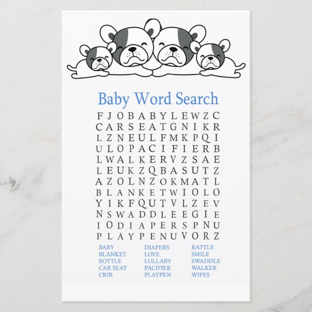 Lámina Juego de búsqueda de bulldog Baby Shower Word (Anverso)