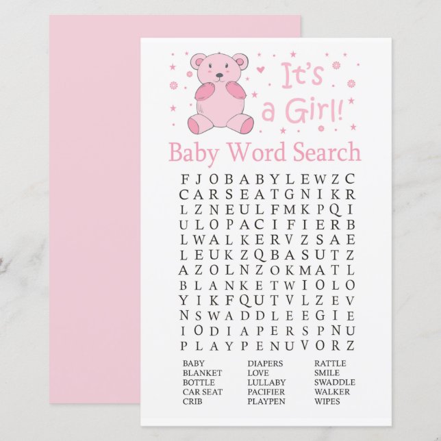 Lámina Juego de búsqueda de palabras Baby Shower para oso (Anverso / Reverso)
