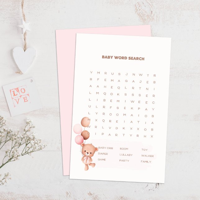 Lámina Juego de búsqueda de palabras de Baby Shower Bear  (Bear & Pink Balloons Baby Shower Word Search Game on a boho wooden table.)